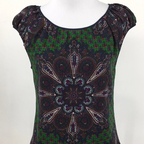 Charlotte Brody Blouse Womens XS Green Blue‎ Wool Boho Top Lined Medallion - Picture 2 of 12